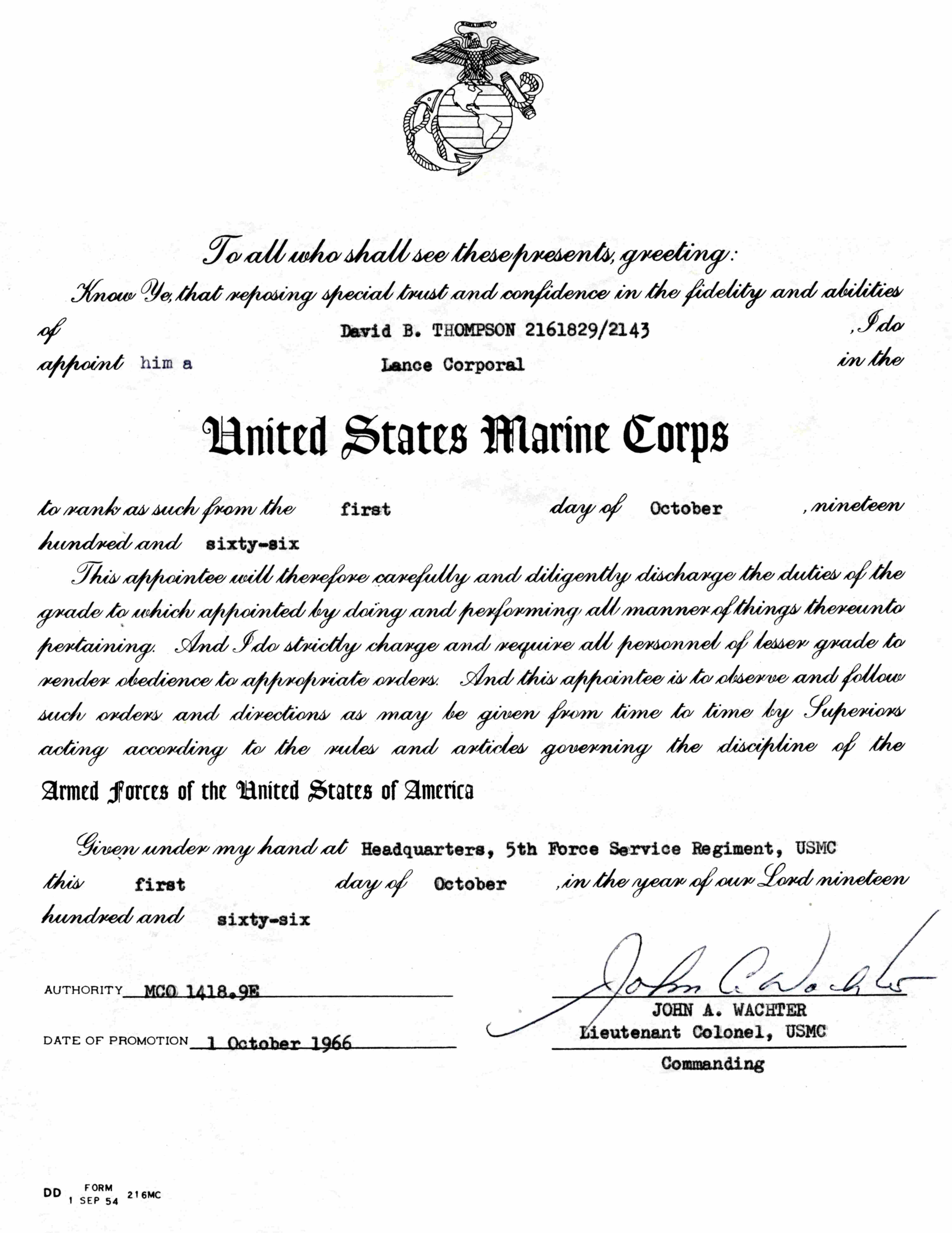 David B. Thompson USMC Military Service Certifiates and Citations